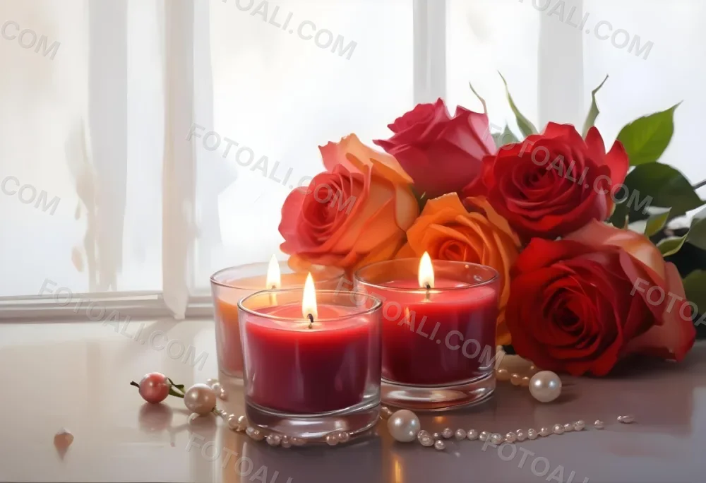 Three Candles In Glass Containers With A Pearl Necklace And A Bouquet Of Roses In A Bright Room 2 Ff8e