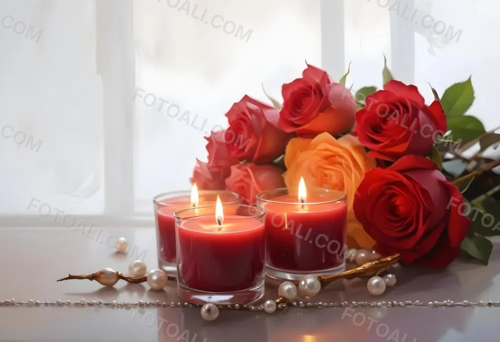 Three Candles In Glass Containers With A Pearl Necklace And A Bouquet Of Roses In A Bright Room 28 8cc3