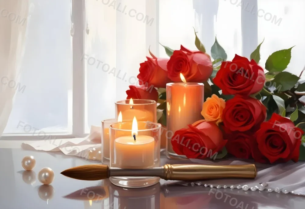 Three Candles In Glass Containers With A Pearl Necklace And A Bouquet Of Roses In A Bright Room 35 A20f