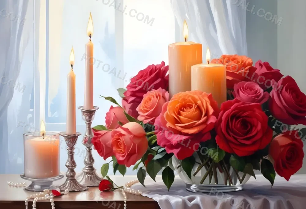 Three Candles In Glass Containers With A Pearl Necklace And A Bouquet Of Roses In A Bright Room 36 Ce07