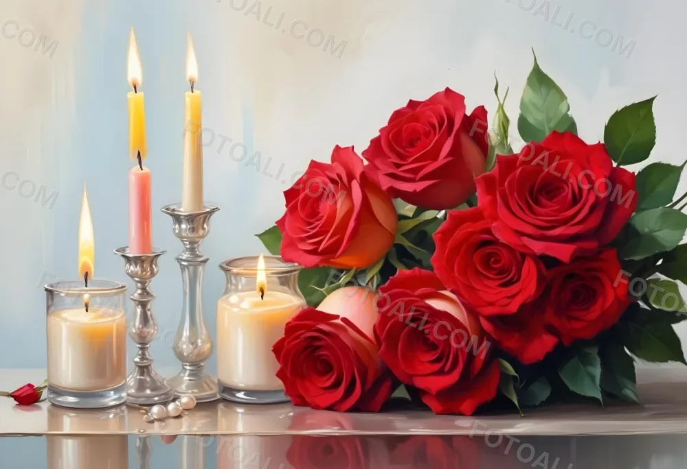 Three Candles In Glass Containers With A Pearl Necklace And A Bouquet Of Roses In A Bright Room 37 C72b
