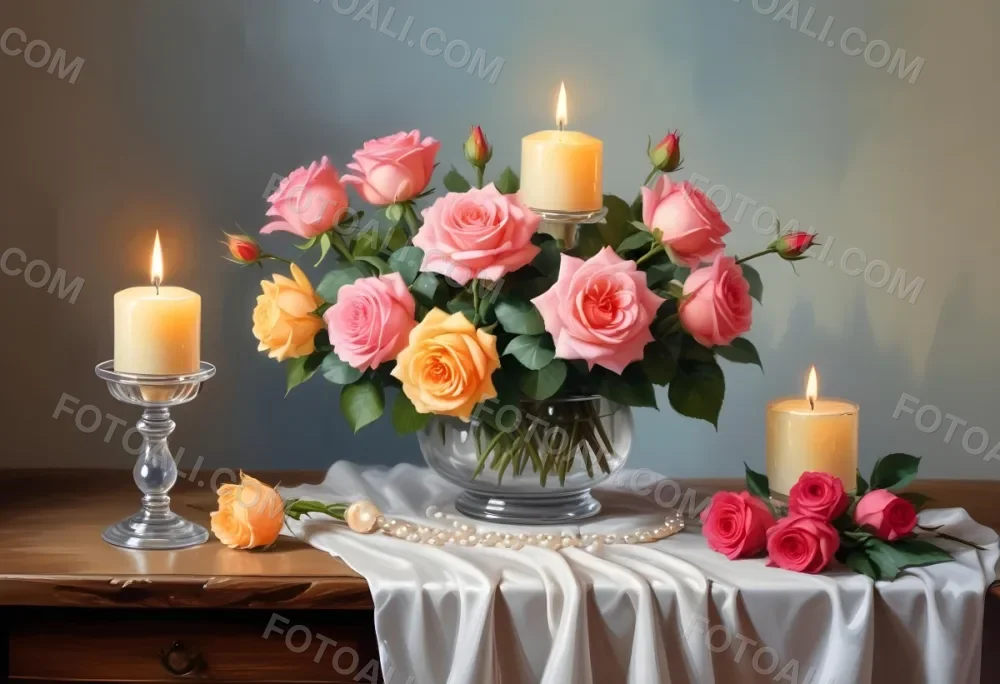 Three Candles In Glass Containers With A Pearl Necklace And A Bouquet Of Roses In A Bright Room 38 Abd2