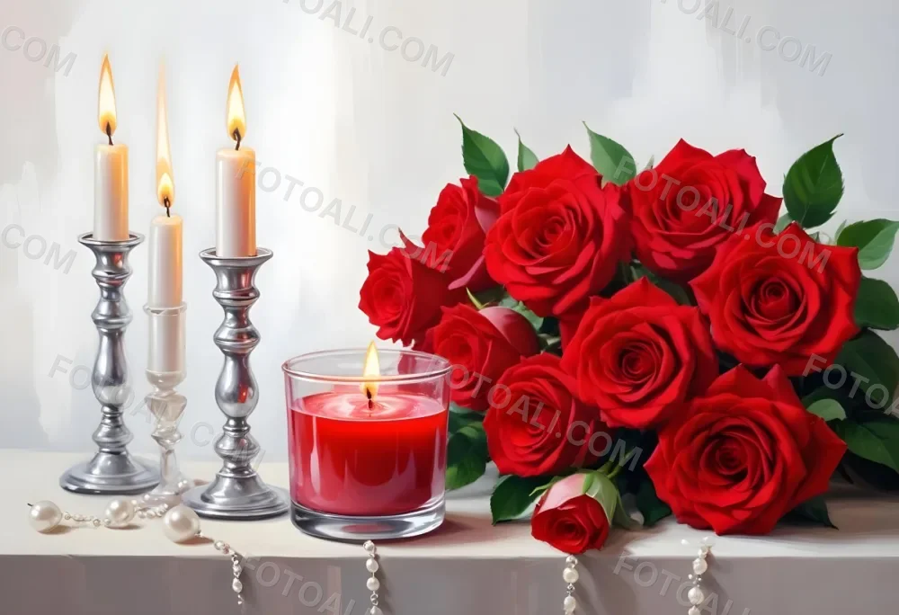 Three Candles In Glass Containers With A Pearl Necklace And A Bouquet Of Roses In A Bright Room 40 8684