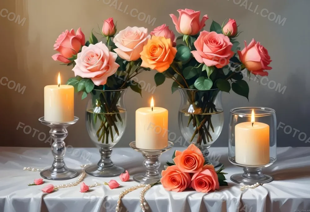 Three Candles In Glass Containers With A Pearl Necklace And A Bouquet Of Roses In A Bright Room 41 48f7