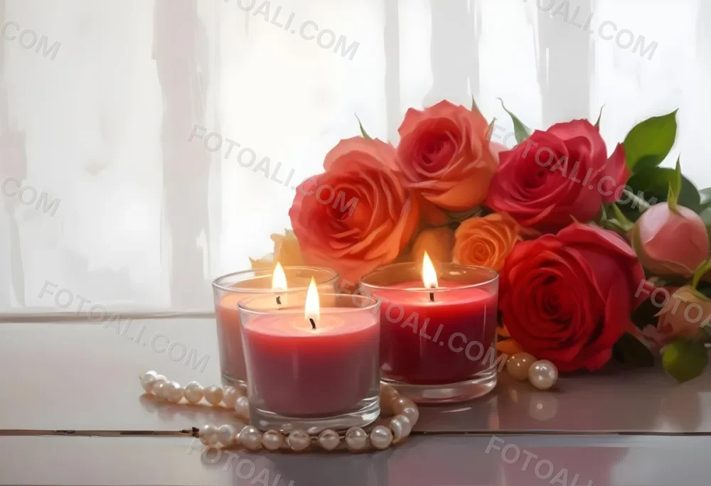 Three Candles In Glass Containers With A Pearl Necklace And A Bouquet Of Roses In A Bright Room 5 5d9f