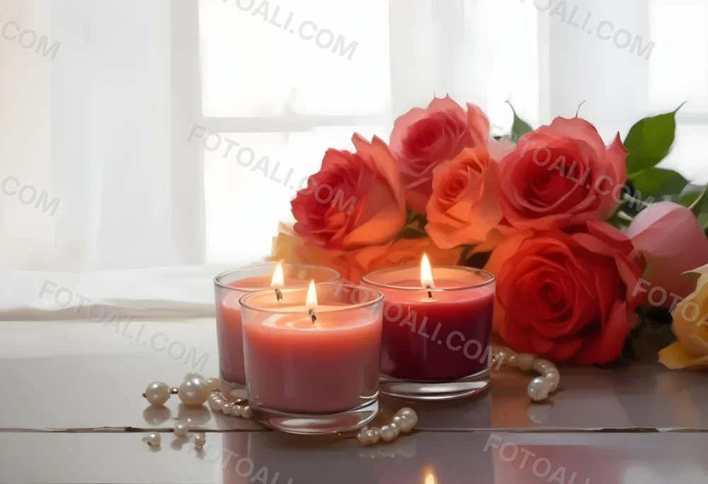 Three Candles In Glass Containers With A Pearl Necklace And A Bouquet Of Roses In A Bright Room 9 1cf4