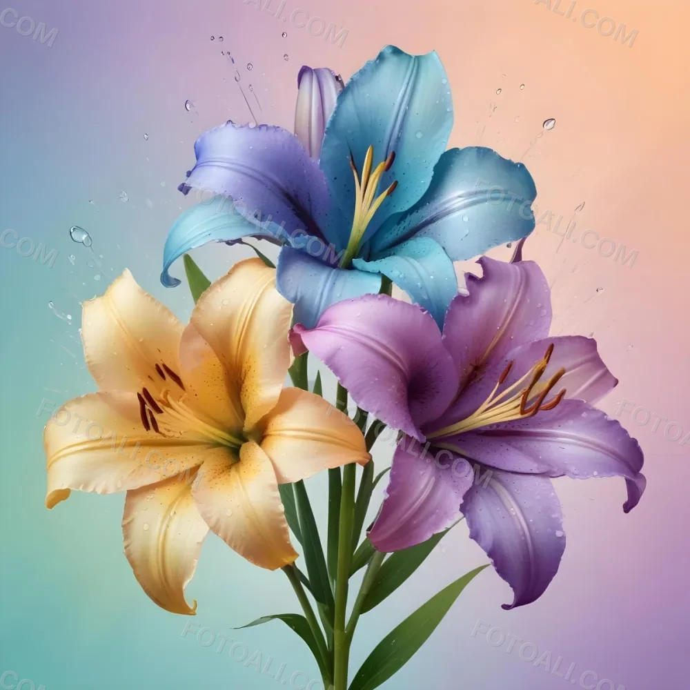 Three Colorful Lilies With Water Drops On A Pastel Gradient Background The Flowers Are Yellow Yellow And Yellow With Purple Pistils And Yellow Stems 10 C3d5