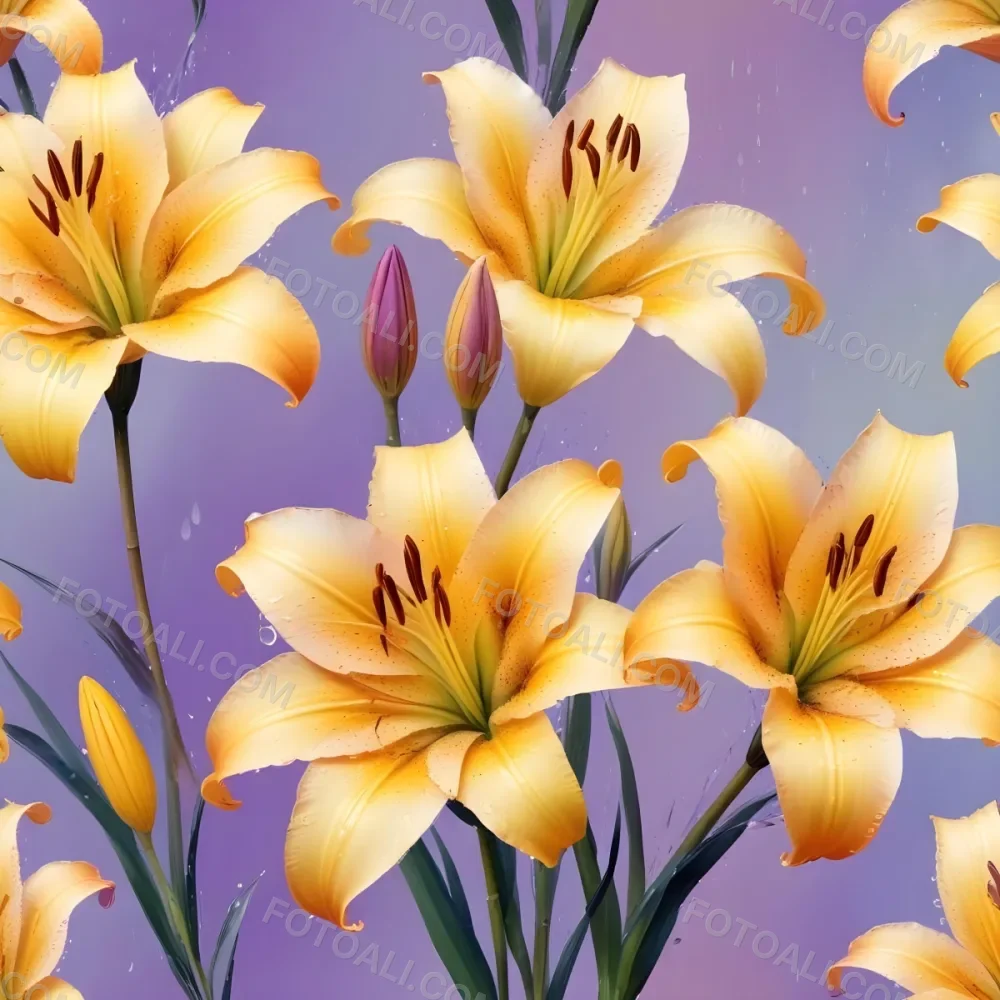 Three Colorful Lilies With Water Drops On A Pastel Gradient Background The Flowers Are Yellow Yellow And Yellow With Purple Pistils And Yellow Stems 17 Fa20
