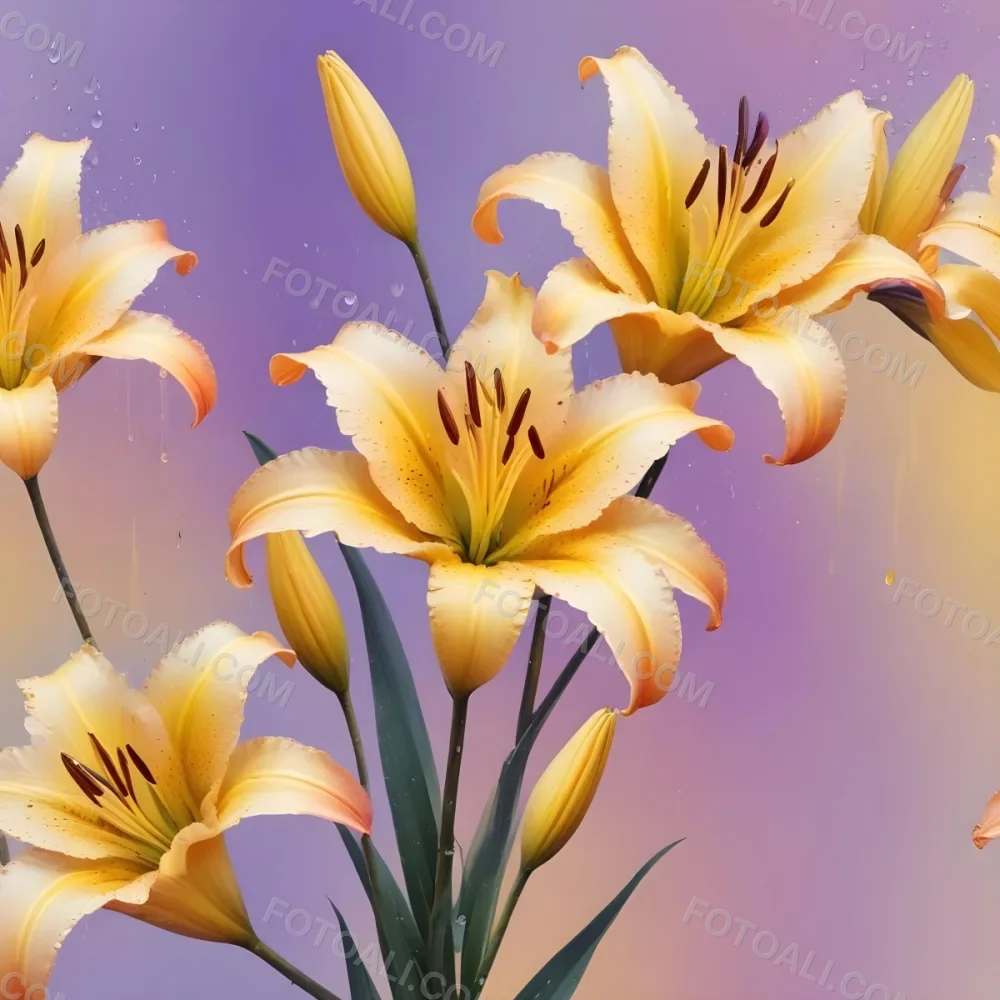 Three Colorful Lilies With Water Drops On A Pastel Gradient Background The Flowers Are Yellow Yellow And Yellow With Purple Pistils And Yellow Stems 28 D6ea