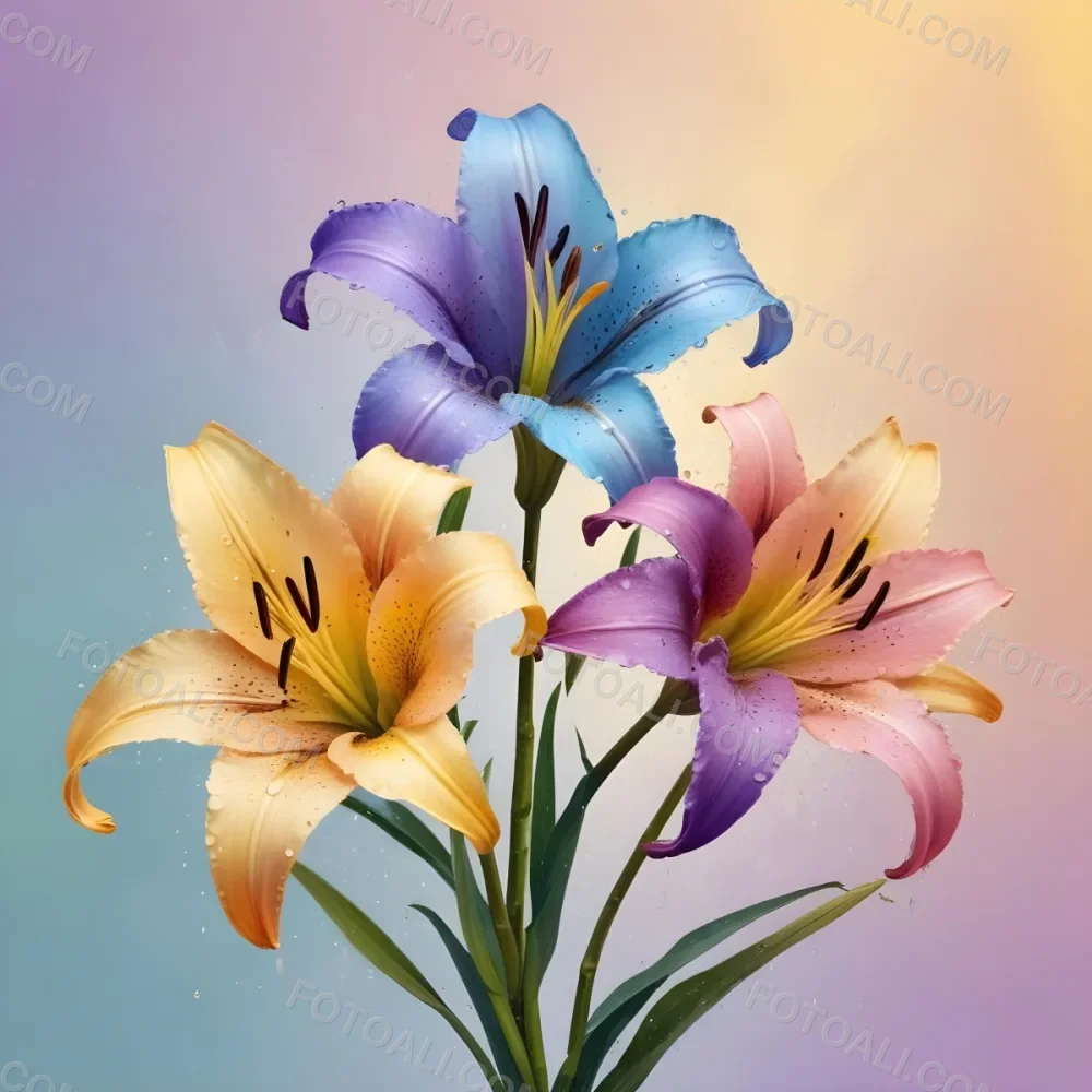 Three Colorful Lilies With Water Drops On A Pastel Gradient Background The Flowers Are Yellow Yellow And Yellow With Purple Pistils And Yellow Stems 40 B0eb
