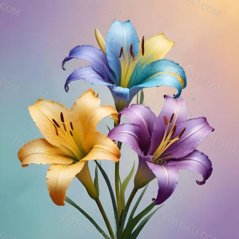 Three Colorful Lilies With Water Drops On A Pastel Gradient Background The Flowers Are Yellow Yellow And Yellow With Purple Pistils And Yellow Stems 44 Fc40