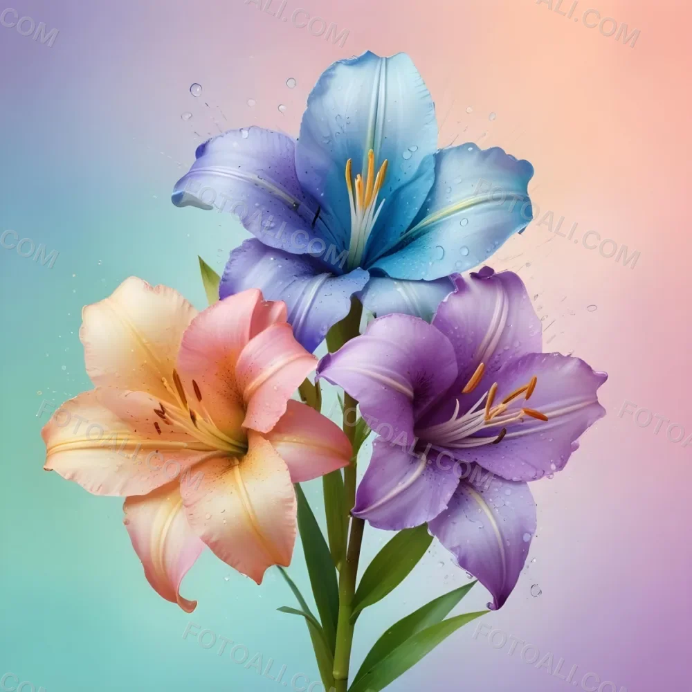 Three Colorful Lilies With Water Drops On A Pastel Gradient Background The Flowers Are Yellow Yellow And Yellow With Purple Pistils And Yellow Stems 47 74de