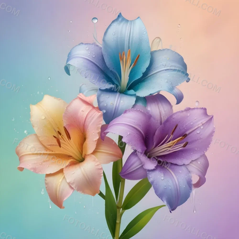 Three Colorful Lilies With Water Drops On A Pastel Gradient Background The Flowers Are Yellow Yellow And Yellow With Purple Pistils And Yellow Stems 6 3780