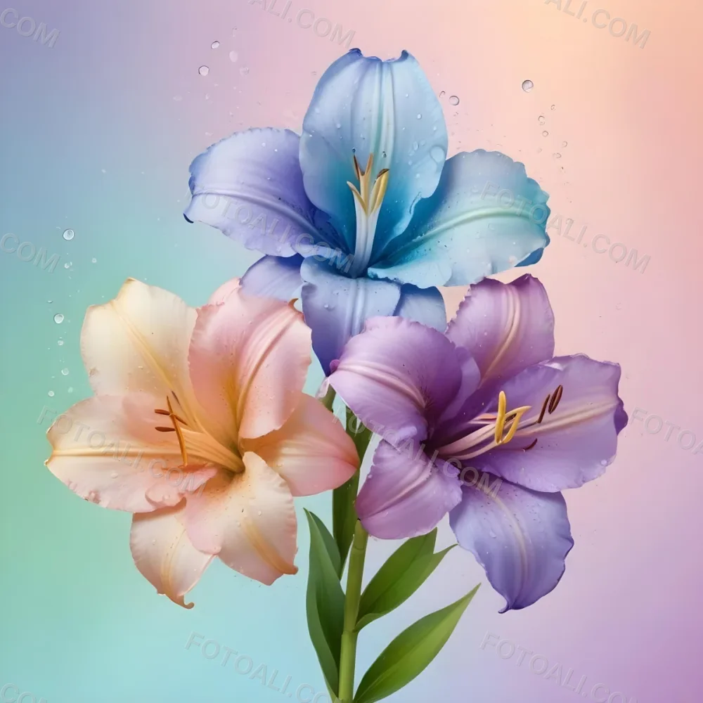 Three Colorful Lilies With Water Drops On A Pastel Gradient Background The Flowers Are Yellow Yellow And Yellow With Purple Pistils And Yellow Stems 8 0fb0