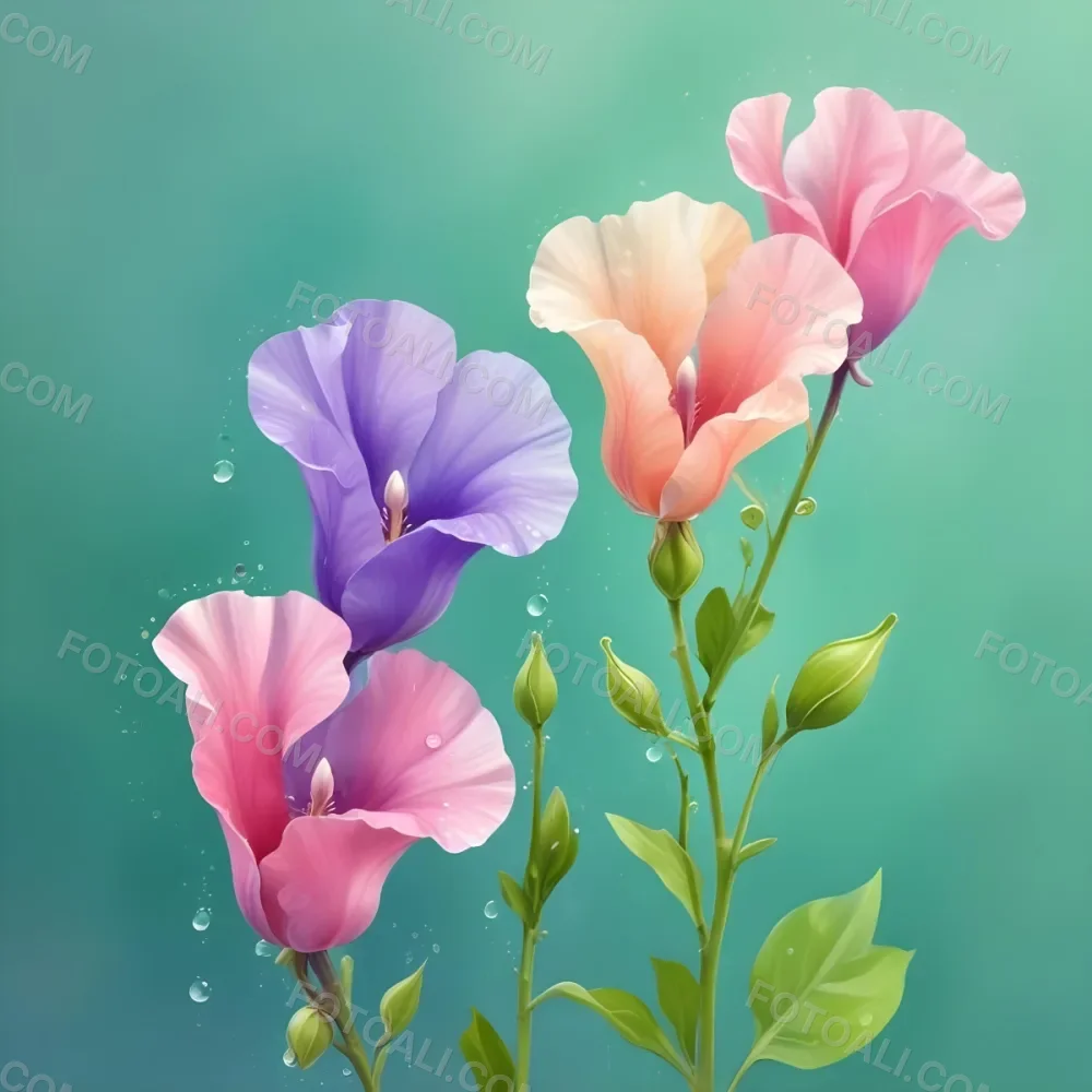 Three Colorful Sweet Pea Flowers With Water Droplets On A Light Green Background Pastel Colors Soft Lighting Elegant Whimsical Dreamy Floral Design Vibrant Detailed Petals 1 F611