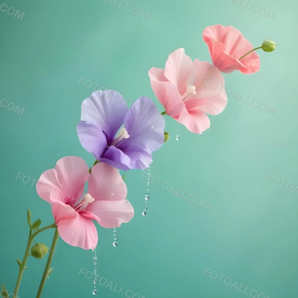 Three Colorful Sweet Pea Flowers With Water Droplets On A Light Green Background Pastel Colors Soft Lighting Elegant Whimsical Dreamy Floral Design Vibrant Detailed Petals 28 08cb