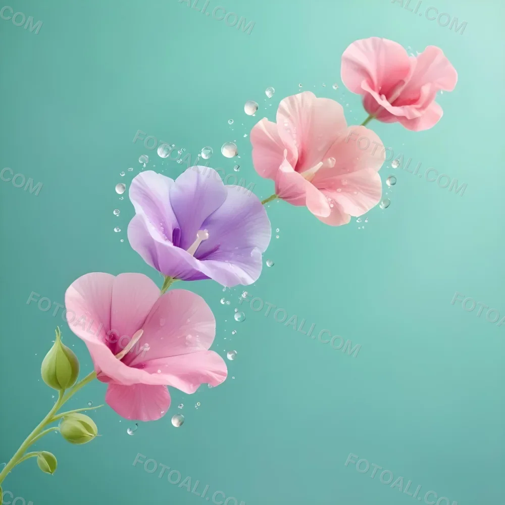 Three Colorful Sweet Pea Flowers With Water Droplets On A Light Green Background Pastel Colors Soft Lighting Elegant Whimsical Dreamy Floral Design Vibrant Detailed Petals 38 Cbc1