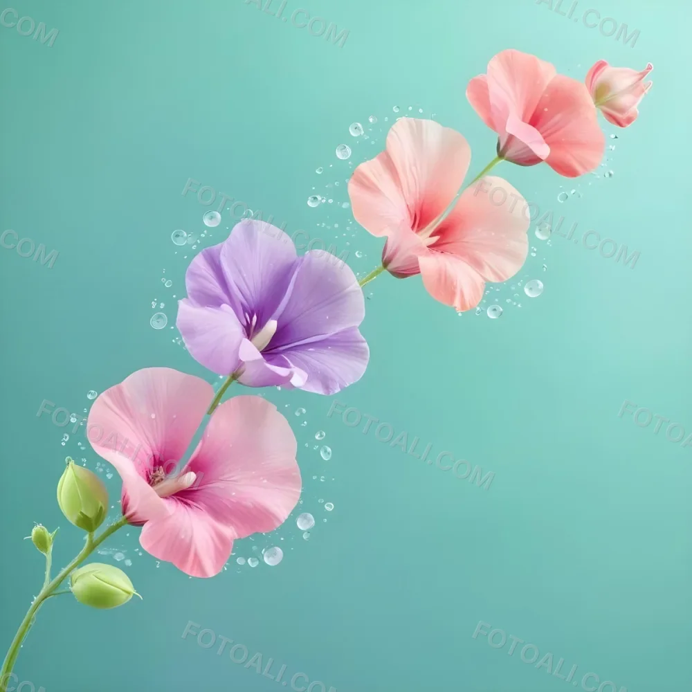 Three Colorful Sweet Pea Flowers With Water Droplets On A Light Green Background Pastel Colors Soft Lighting Elegant Whimsical Dreamy Floral Design Vibrant Detailed Petals 45 0396