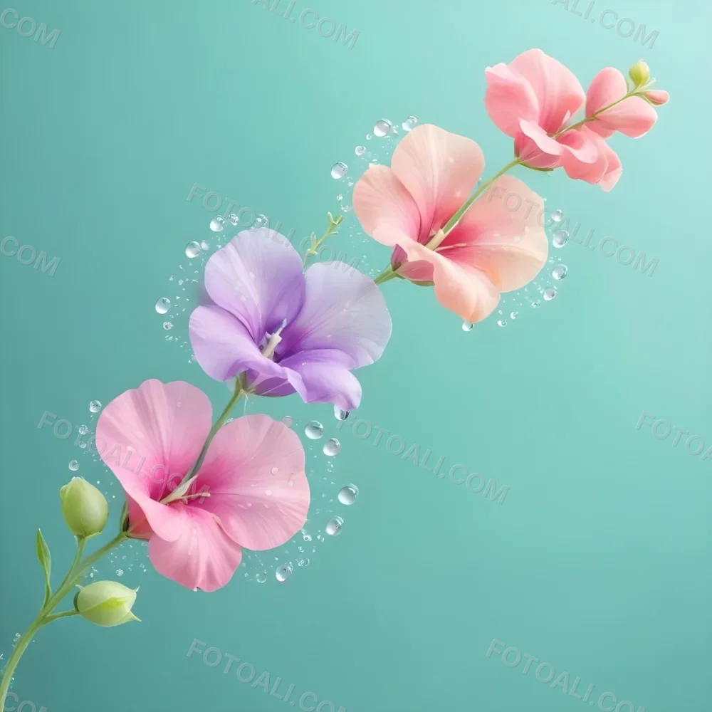 Three Colorful Sweet Pea Flowers With Water Droplets On A Light Green Background Pastel Colors Soft Lighting Elegant Whimsical Dreamy Floral Design Vibrant Detailed Petals 46 383f