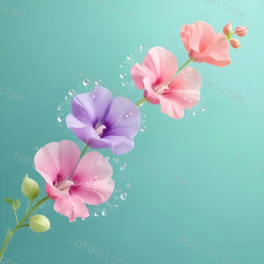 Three Colorful Sweet Pea Flowers With Water Droplets On A Light Green Background Pastel Colors Soft Lighting Elegant Whimsical Dreamy Floral Design Vibrant Detailed Petals 49 5f3f