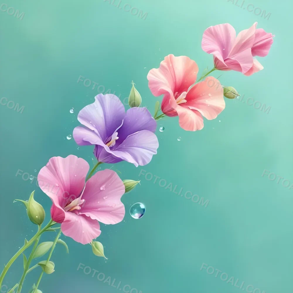 Three Colorful Sweet Pea Flowers With Water Droplets On A Light Green Background Pastel Colors Soft Lighting Elegant Whimsical Dreamy Floral Design Vibrant Detailed Petals 5 15e8
