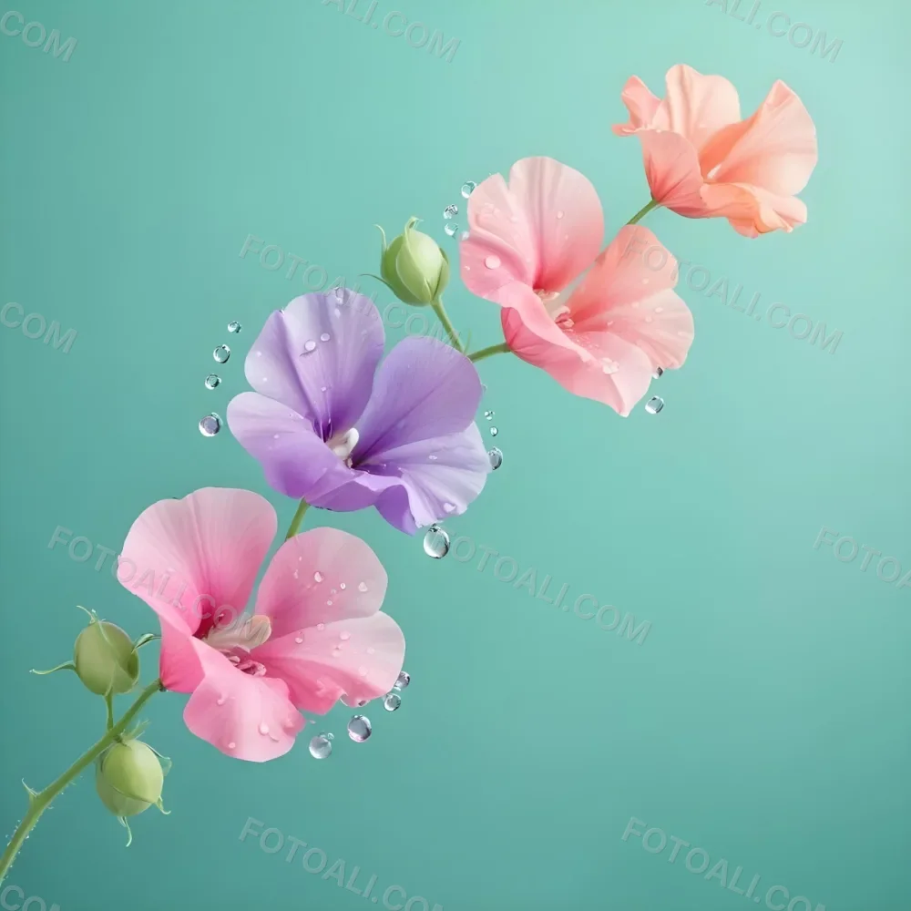 Three Colorful Sweet Pea Flowers With Water Droplets On A Light Green Background Pastel Colors Soft Lighting Elegant Whimsical Dreamy Floral Design Vibrant Detailed Petals 50 148a