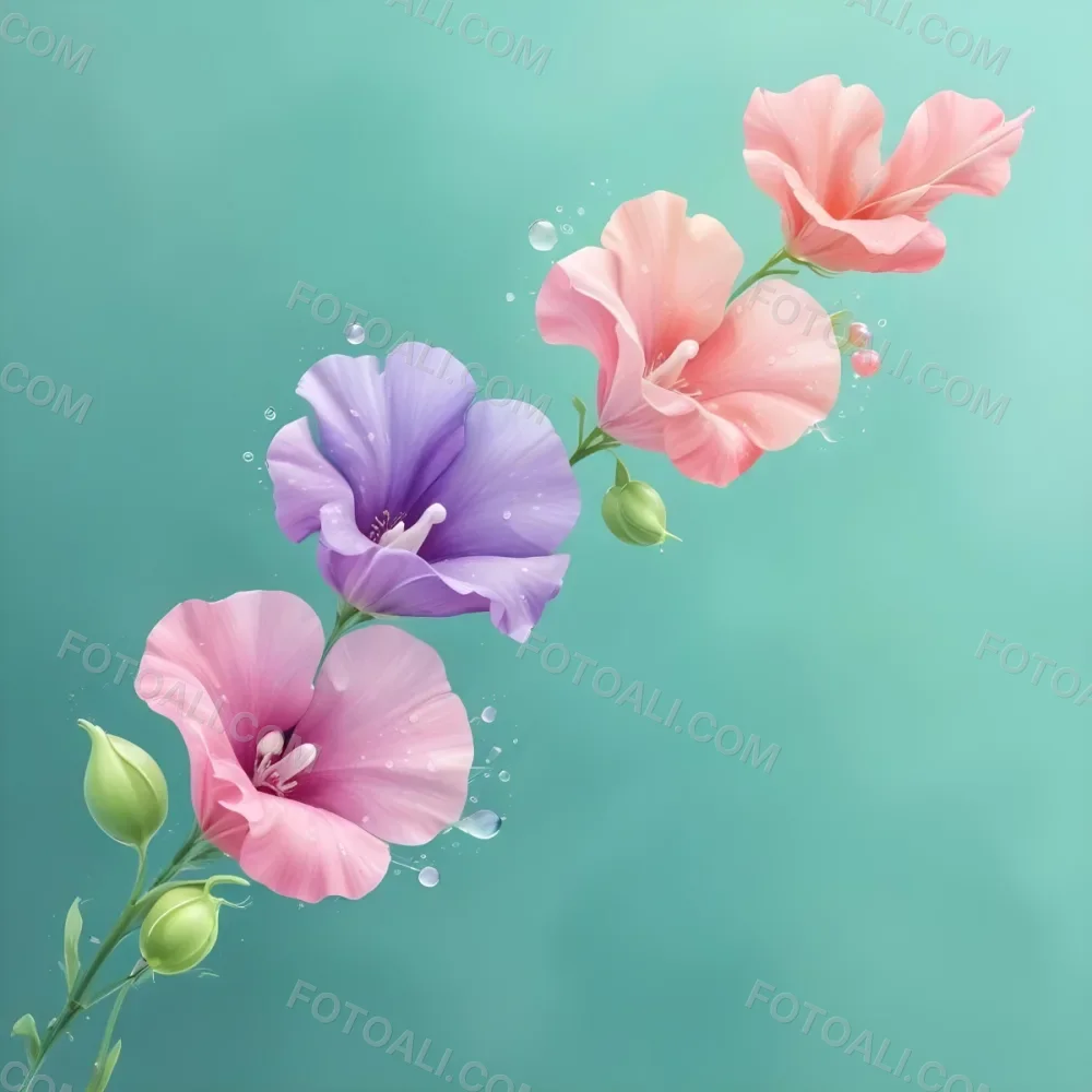 Three Colorful Sweet Pea Flowers With Water Droplets On A Light Green Background Pastel Colors Soft Lighting Elegant Whimsical Dreamy Floral Design Vibrant Detailed Petals 6 B6f9