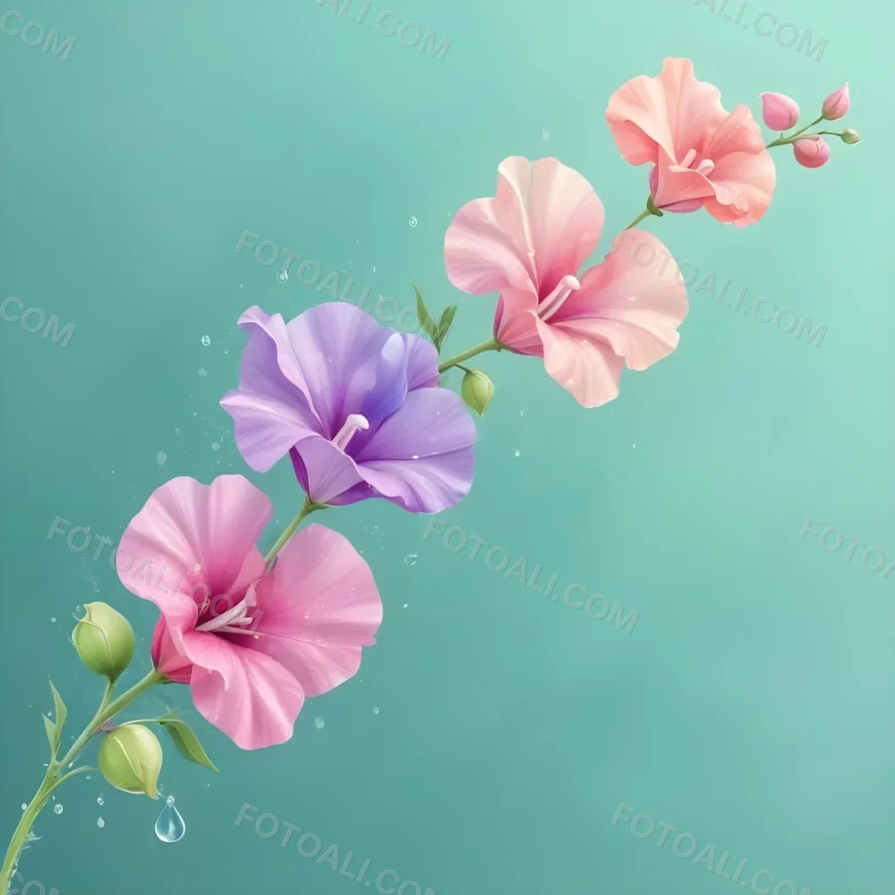Three Colorful Sweet Pea Flowers With Water Droplets On A Light Green Background Pastel Colors Soft Lighting Elegant Whimsical Dreamy Floral Design Vibrant Detailed Petals 7 78aa