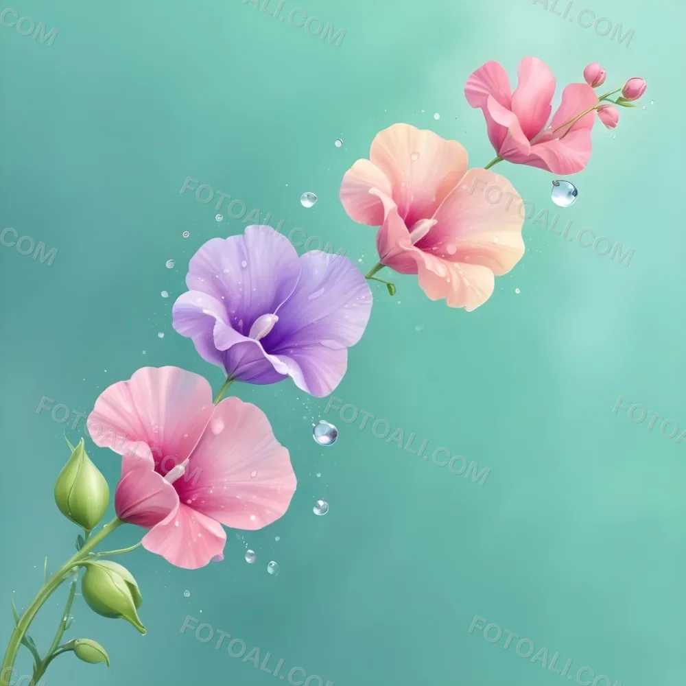 Three Colorful Sweet Pea Flowers With Water Droplets On A Light Green Background Pastel Colors Soft Lighting Elegant Whimsical Dreamy Floral Design Vibrant Detailed Petals 8 D69e