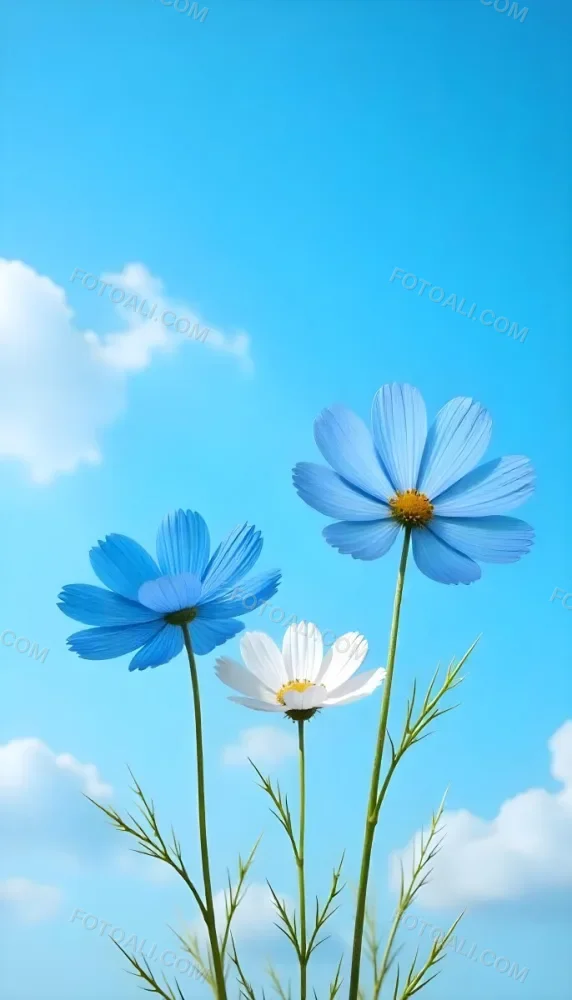 Three Cosmos Flowers Two Blue And One Blue With White Centers Against A Vibrant Blue Sky With Soft Scattered Clouds Creating A Cheerful And Vibrant Floral Scene 11 E2dd