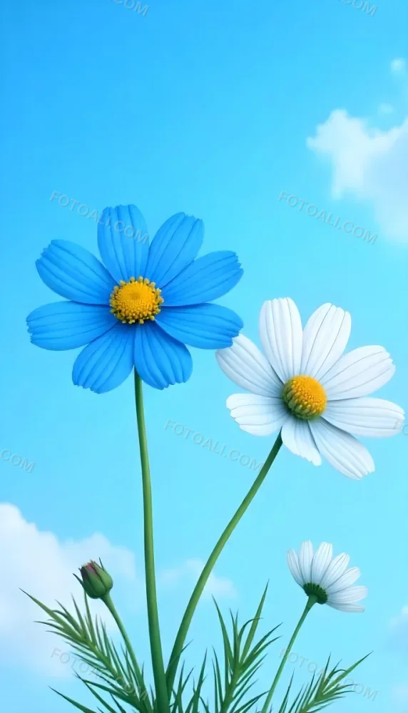 Three Cosmos Flowers Two Blue And One Blue With White Centers Against A Vibrant Blue Sky With Soft Scattered Clouds Creating A Cheerful And Vibrant Floral Scene 12 Fba3