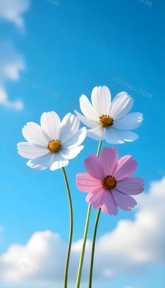 Three Cosmos Flowers Two Blue And One Blue With White Centers Against A Vibrant Blue Sky With Soft Scattered Clouds Creating A Cheerful And Vibrant Floral Scene 15 4d33