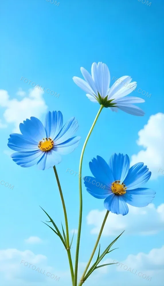Three Cosmos Flowers Two Blue And One Blue With White Centers Against A Vibrant Blue Sky With Soft Scattered Clouds Creating A Cheerful And Vibrant Floral Scene 19 9661