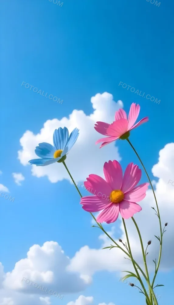Three Cosmos Flowers Two Blue And One Blue With White Centers Against A Vibrant Blue Sky With Soft Scattered Clouds Creating A Cheerful And Vibrant Floral Scene 2 3372