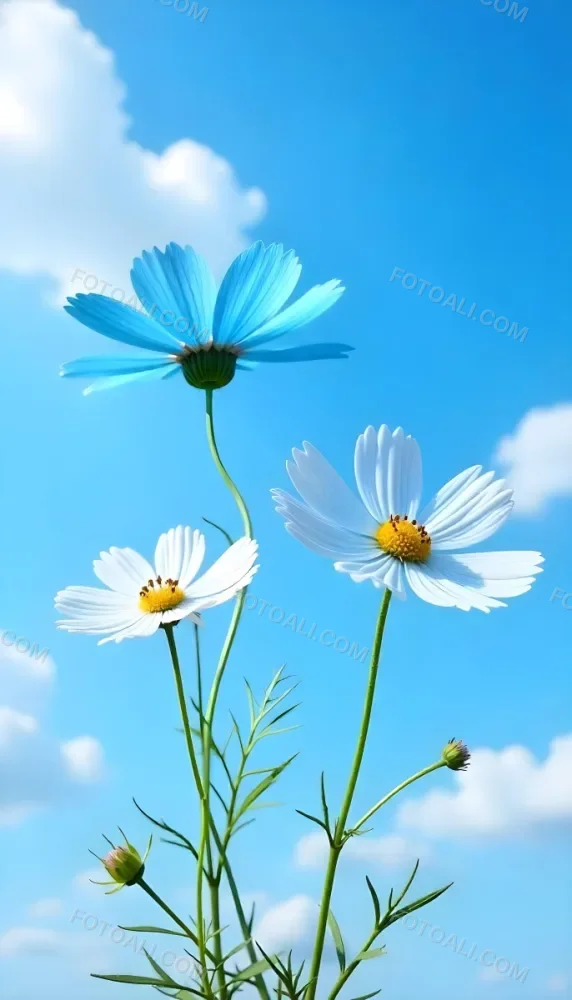 Three Cosmos Flowers Two Blue And One Blue With White Centers Against A Vibrant Blue Sky With Soft Scattered Clouds Creating A Cheerful And Vibrant Floral Scene 20 0f92