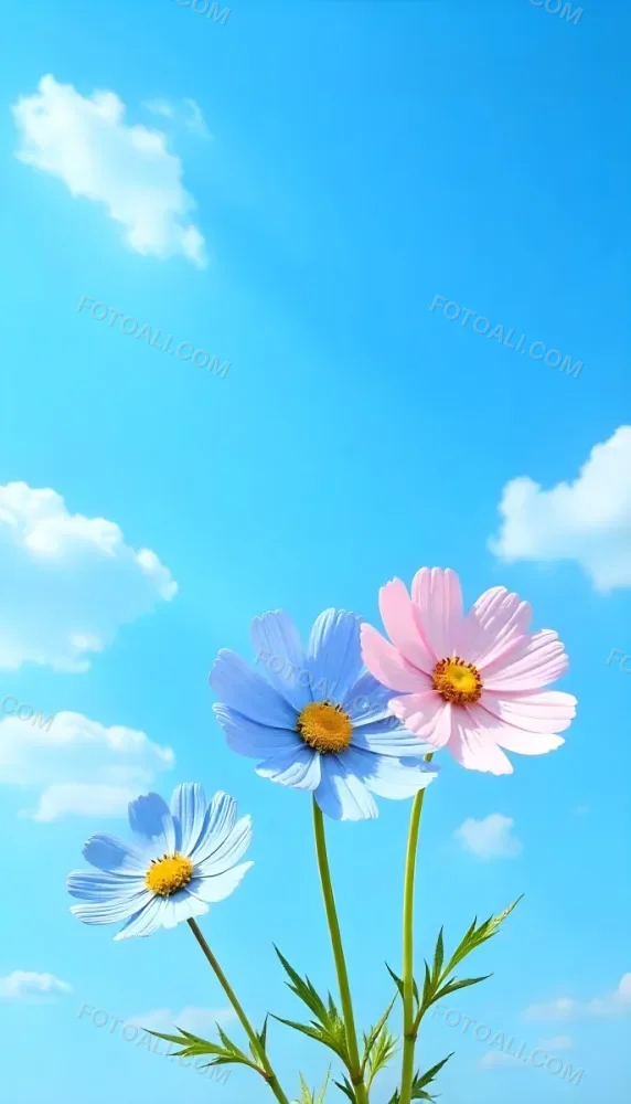 Three Cosmos Flowers Two Blue And One Blue With White Centers Against A Vibrant Blue Sky With Soft Scattered Clouds Creating A Cheerful And Vibrant Floral Scene 22 5a4d