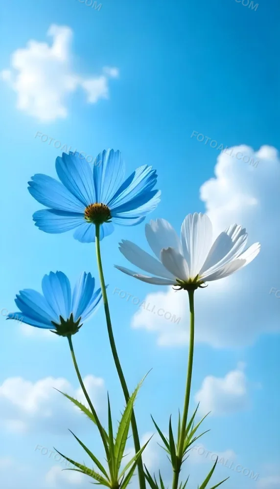 Three Cosmos Flowers Two Blue And One Blue With White Centers Against A Vibrant Blue Sky With Soft Scattered Clouds Creating A Cheerful And Vibrant Floral Scene 25 Bd7b