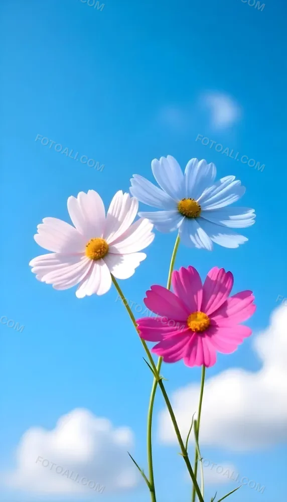 Three Cosmos Flowers Two Blue And One Blue With White Centers Against A Vibrant Blue Sky With Soft Scattered Clouds Creating A Cheerful And Vibrant Floral Scene 29 B2de