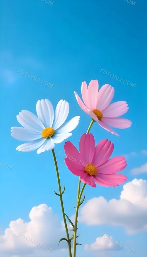 Three Cosmos Flowers Two Blue And One Blue With White Centers Against A Vibrant Blue Sky With Soft Scattered Clouds Creating A Cheerful And Vibrant Floral Scene 4 38fe