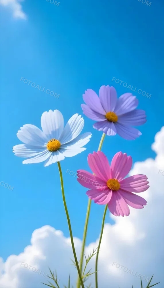 Three Cosmos Flowers Two Blue And One Blue With White Centers Against A Vibrant Blue Sky With Soft Scattered Clouds Creating A Cheerful And Vibrant Floral Scene 6 6f38