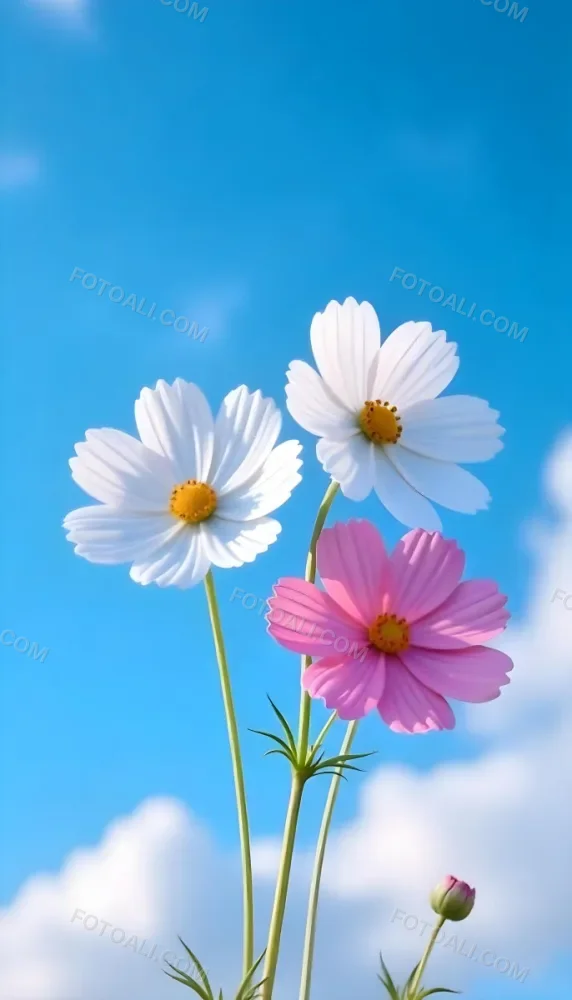 Three Cosmos Flowers Two Blue And One Blue With White Centers Against A Vibrant Blue Sky With Soft Scattered Clouds Creating A Cheerful And Vibrant Floral Scene 8 5781