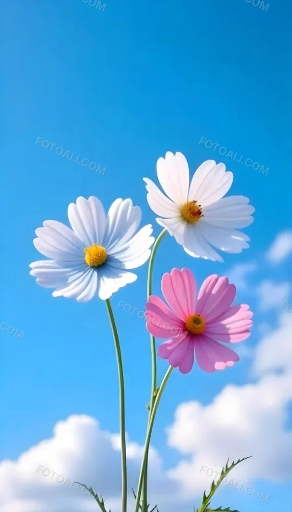 Three Cosmos Flowers Two Blue And One Blue With White Centers Against A Vibrant Blue Sky With Soft Scattered Clouds Creating A Cheerful And Vibrant Floral Scene 9 0108