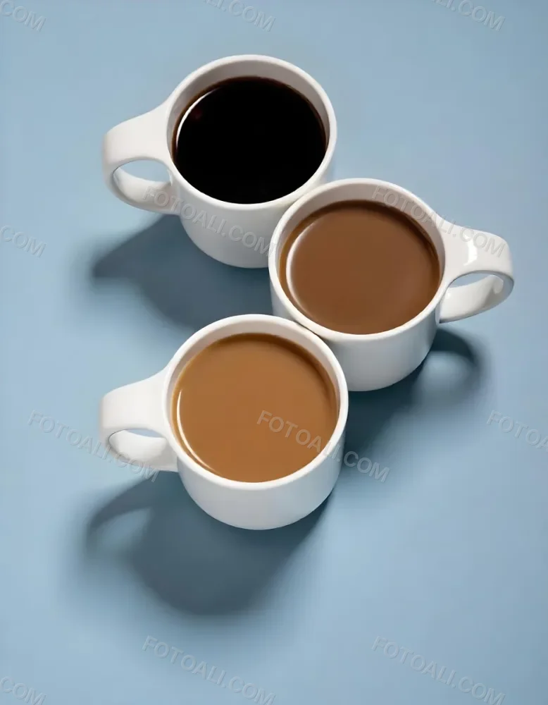 Three Cups Of Coffee Or Tea On A Blue Background 15 6e88