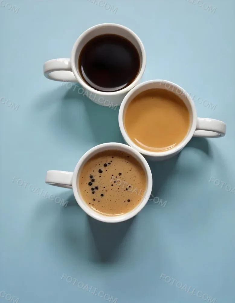 Three Cups Of Coffee Or Tea On A Blue Background 7 Cbe7