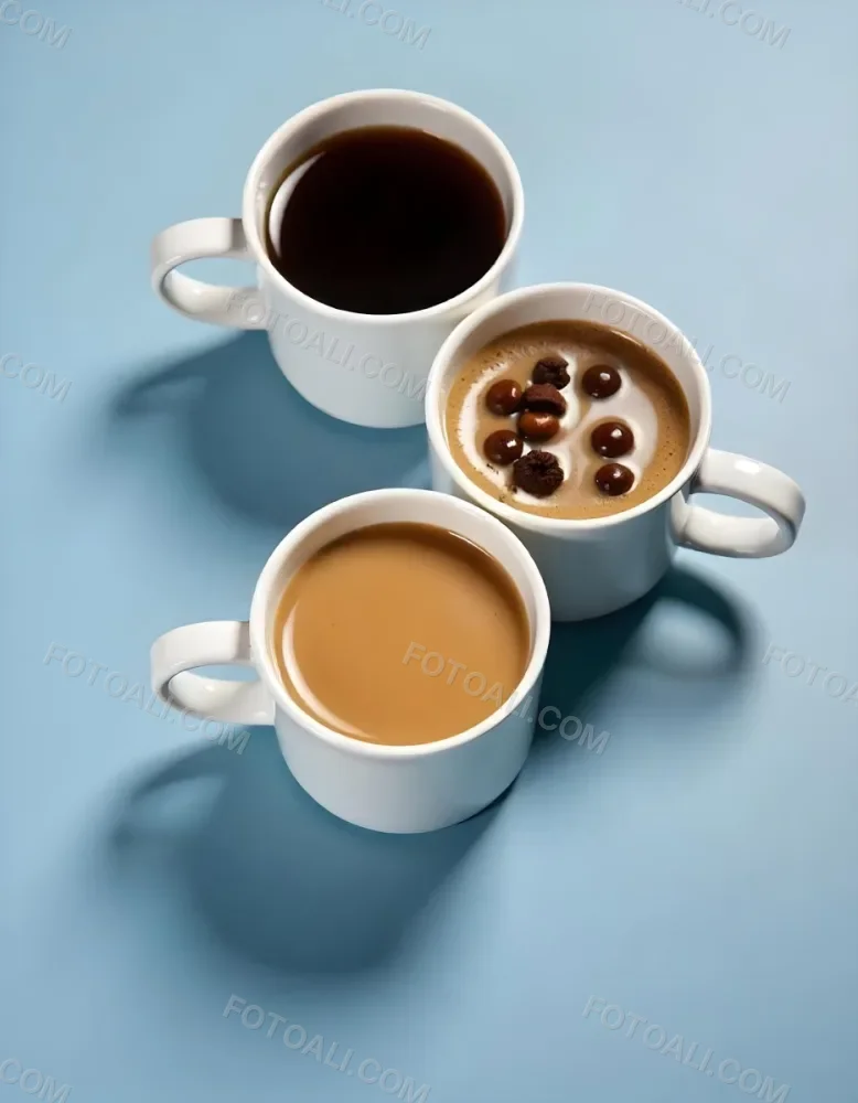Three Cups Of Coffee Or Tea On A Blue Background 8 Dab2