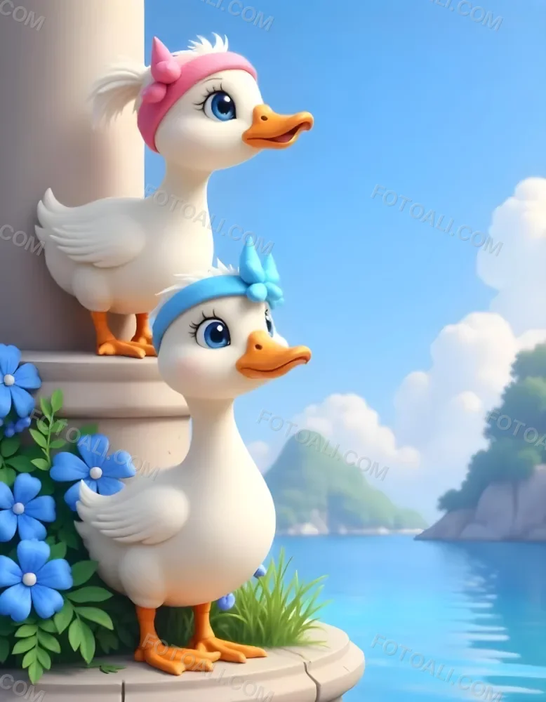 Three Cute White Ducklings With Colorful Headbands Blue Eyes And White Beaks Standing Near A Stone Column With Blue Flowers With A Blue Sky Clouds And Water In The Background 24 0d7b