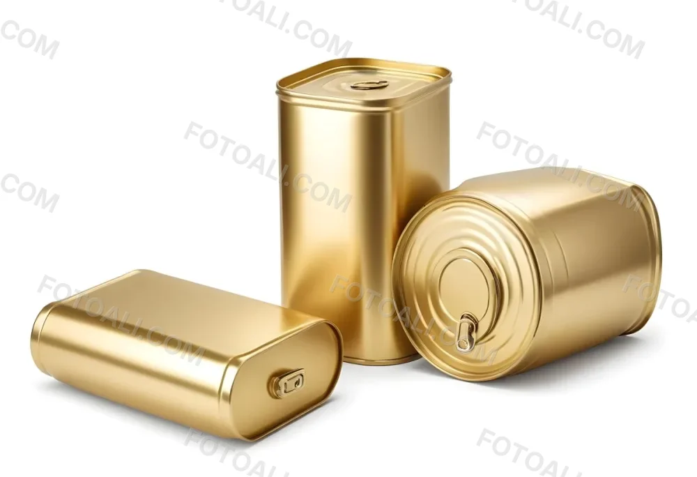 Three Golden Cans Of Different Shapes And Sizes One Rectangular One Cylindrical And One Circular On A White Background 12 7a5b
