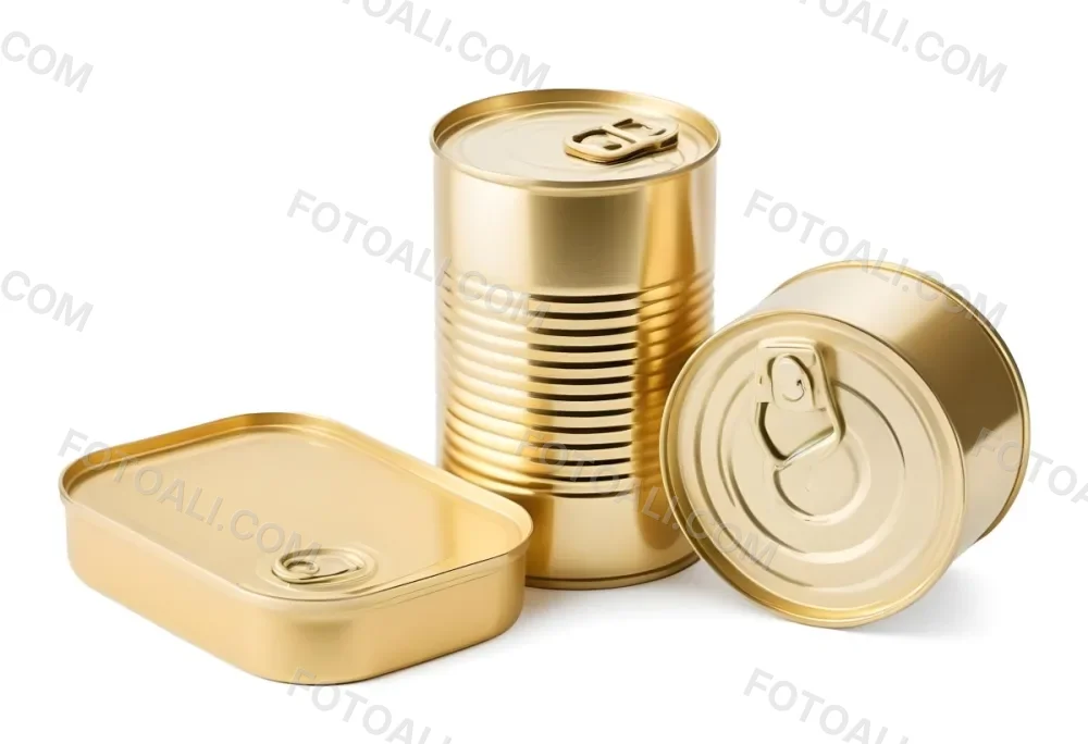 Three Golden Cans Of Different Shapes And Sizes One Rectangular One Cylindrical And One Circular On A White Background 15 4d49