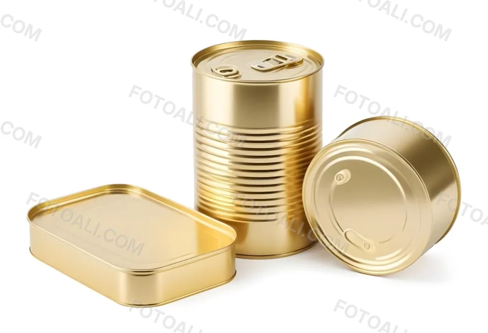 Three Golden Cans Of Different Shapes And Sizes One Rectangular One Cylindrical And One Circular On A White Background 16 17fc
