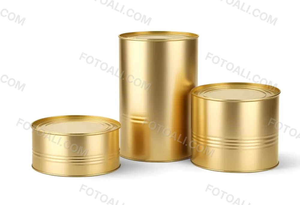 Three Golden Cans Of Different Shapes And Sizes One Rectangular One Cylindrical And One Circular On A White Background 18 C358